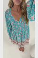 Brissa Mini Dress - V-Neck Shirred Bodice Balloon Sleeve Dress in Marina Blu Print