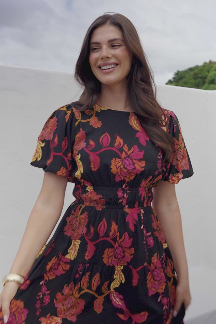 Maeana Maxi Dress - Short Balloon Sleeeve Elasticated Waist A Line Dress in Valerie Print