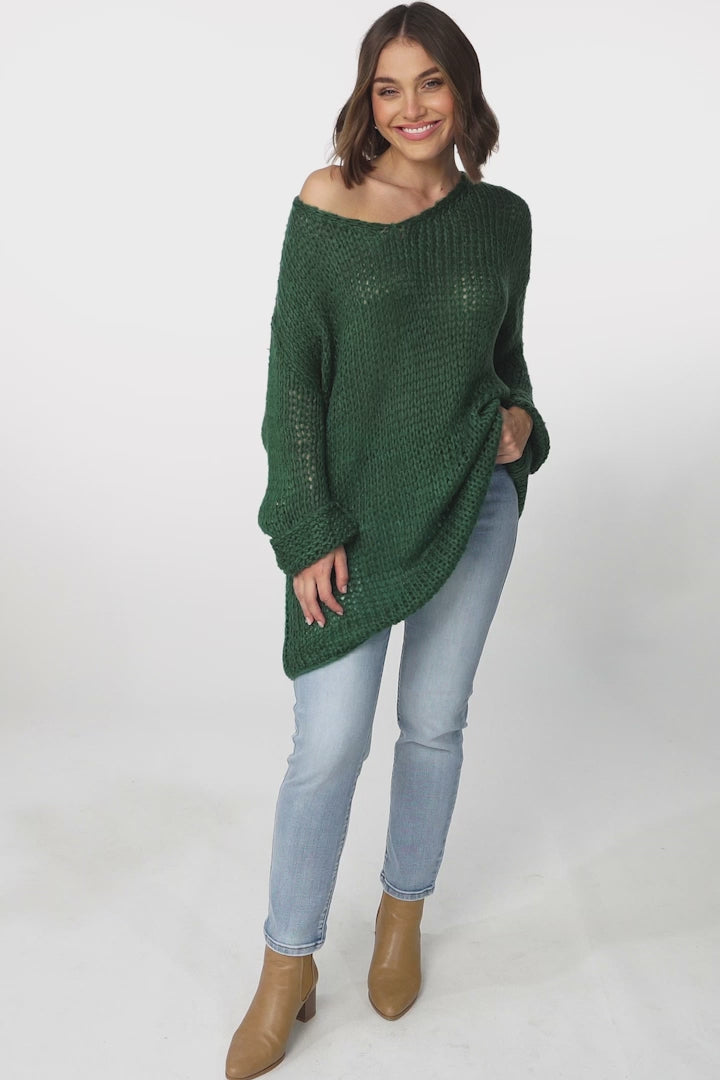 Connie Jumper - Open Knit V Neck Jumper in Dark Green