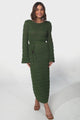 Dayside Knit Maxi Dress - Body Con Knit Dress with Plaited Belt in Green