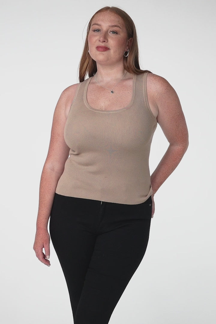Lorena Ribbed Top - Scooped Neckline Thick Strap Ribbed Top in Beige