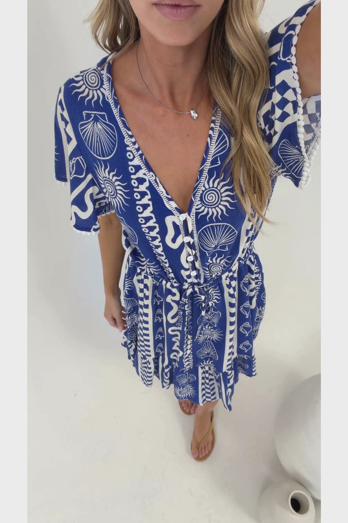 Lorena Mini Dress - V Neck Pull Tie Waist Mini Dress in Capri Bloom Print
