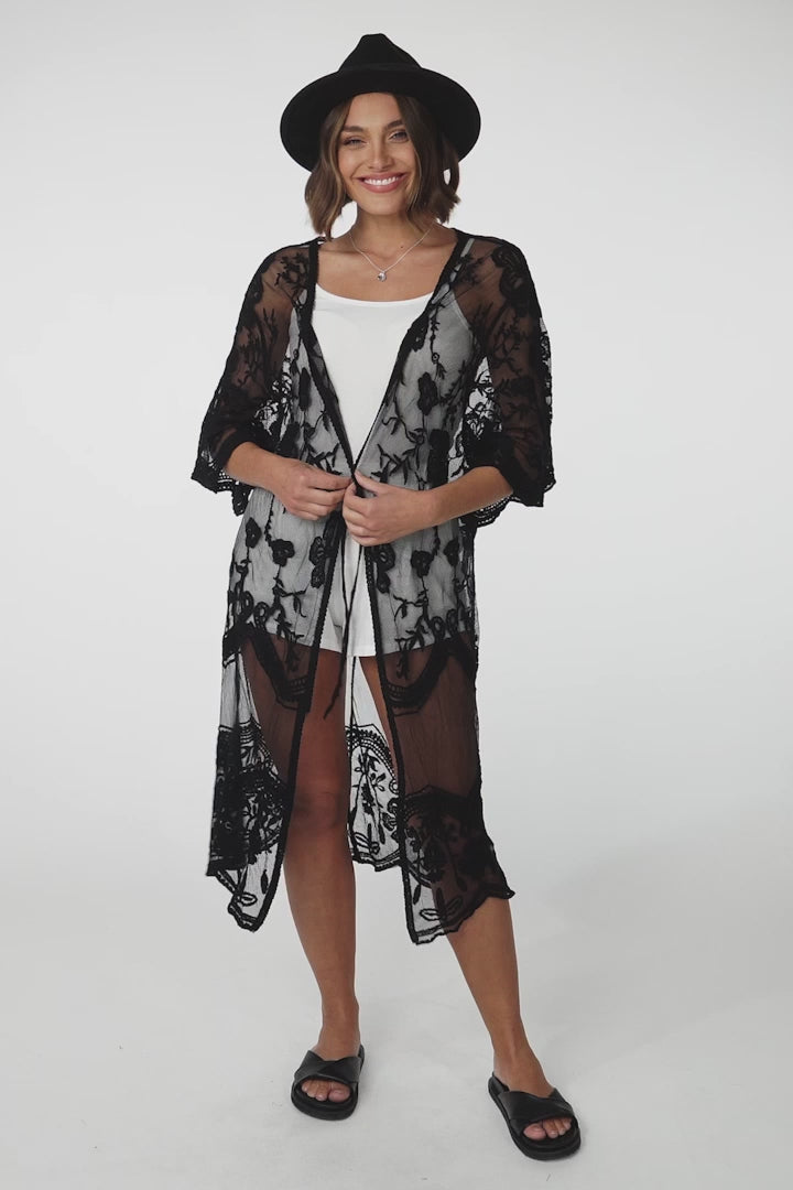 Haylo Kimono - Floral Lace Kimono with Scallop Hemline in Black