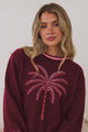 Sunnie Jumper - Crew Neck Palm Graphic Knit Jumper in Wine
