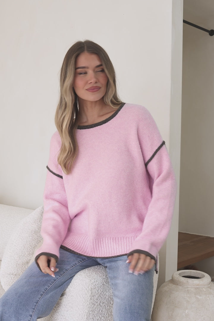 Dean Jumper - Crew Neck Contrast Trim Step Hem Knit in Pink