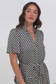 Vania Midi Dress - Tiered Buttoned Down Dress with Matching Belt in Hexy Print Black