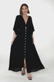 Zyla Maxi Dress -  V Neck Button Down Kimono Sleeve Dress in Black