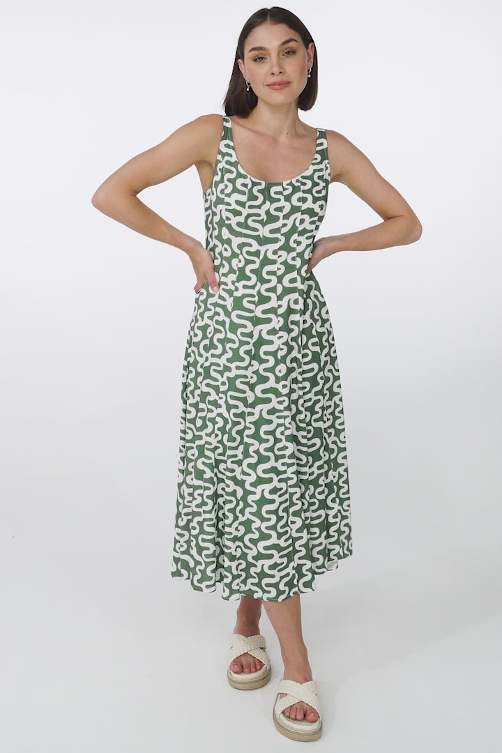 Truely Midi Dress - Scoop Neck Sun Dress with Adjustable Straps in Petra Print Green