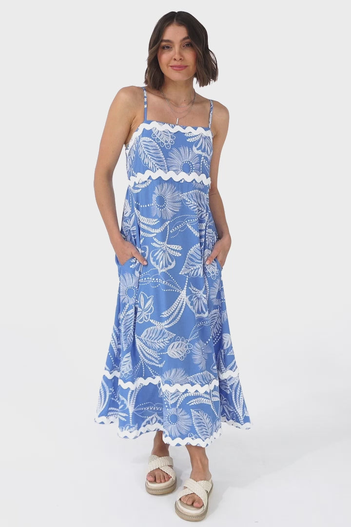 Marlin Midi Dress - Rick Rack Splicing Sun Dress with Adjustable Straps in Havanna Print Blue