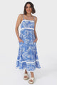 Marlin Midi Dress - Rick Rack Splicing Sun Dress with Adjustable Straps in Havanna Print Blue