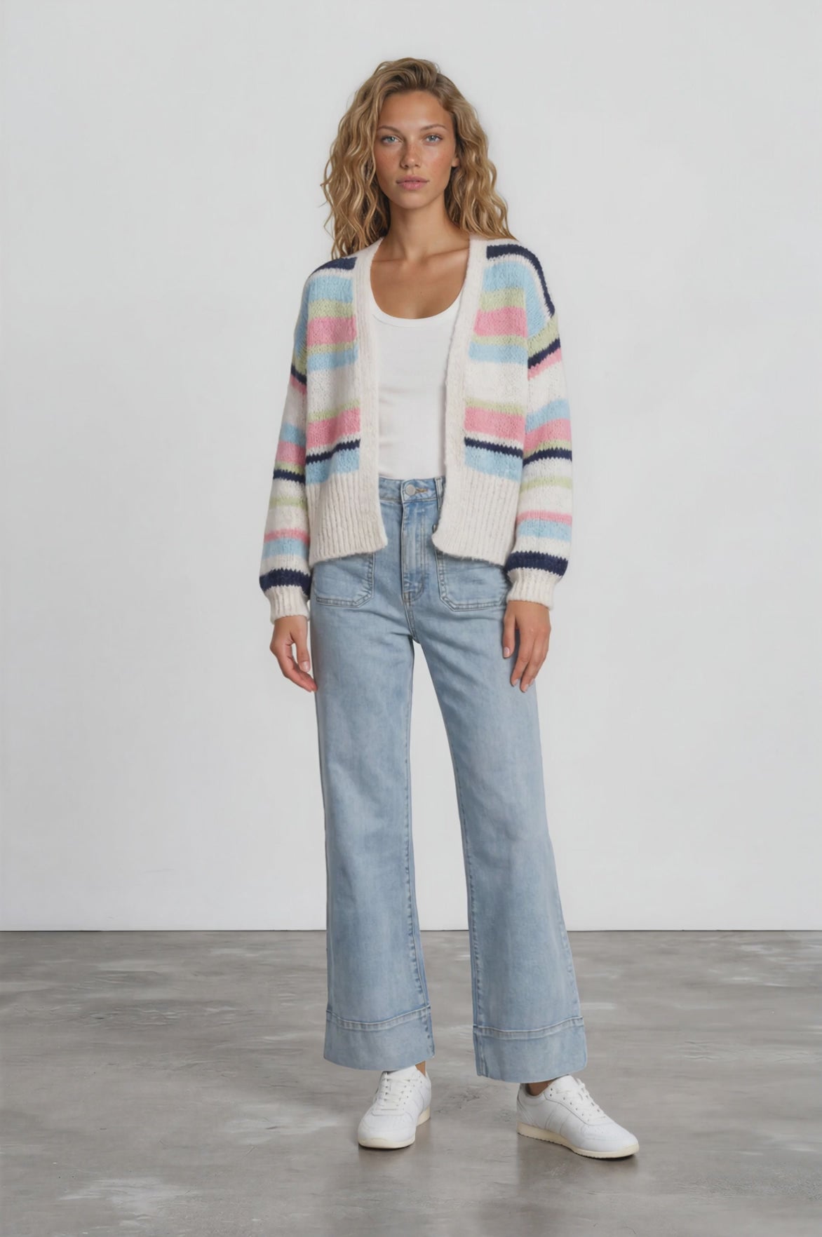 Soren Cardigan - Open Front Striped Knit with Rib Knit Trim in White/Blue