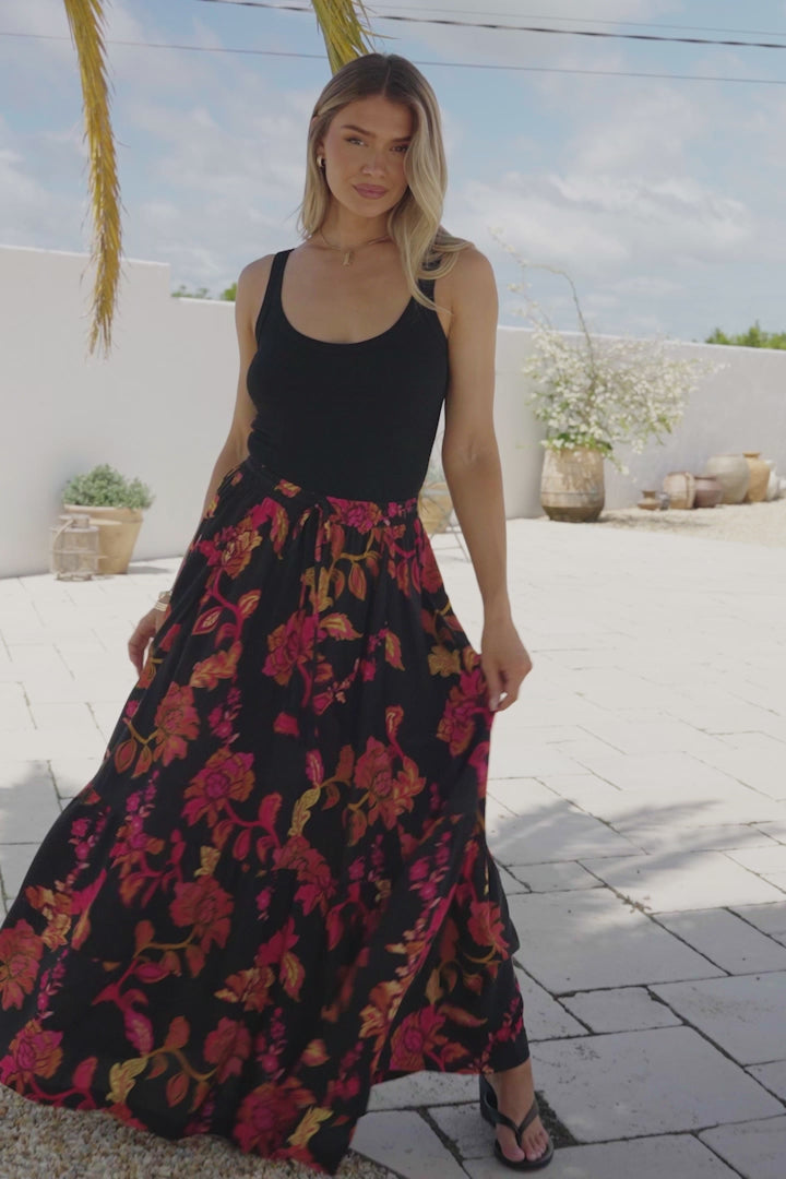 Zia Maxi Skirt - High Waisted Skirt with Tassel Waist Tie and Front Splits in Valerie Print