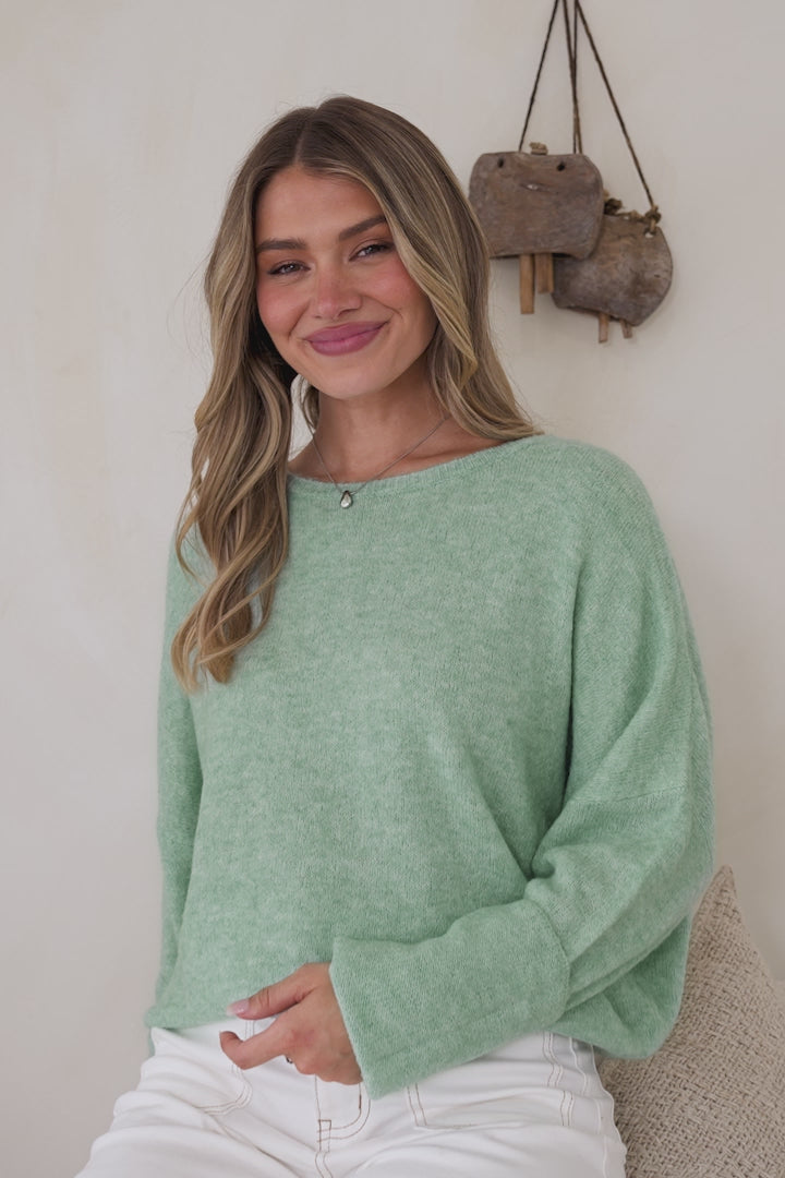 Joanne Knit Top - Crew Neckline Bat Wing Long Sleeve Top in Light Green