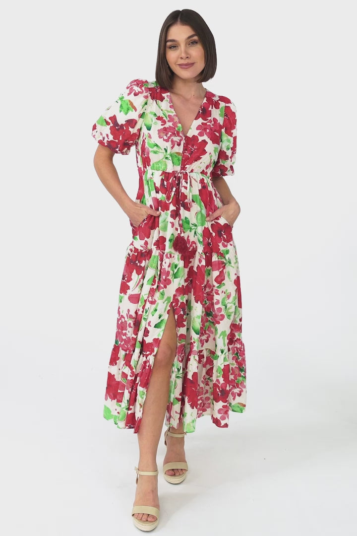 Marietta Maxi Dress - Buttoned Bodice A Line Dress With Short Balloon Sleeves in Primavera Print