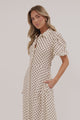Eileen Midi Dress - Collared Shirt Dress with Multiway Waist Tie and Puff Sleeves in Renna Spot Beige