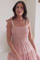 Zoella Midi Dress - Tie Strap Textured Tiered Dress in Blush