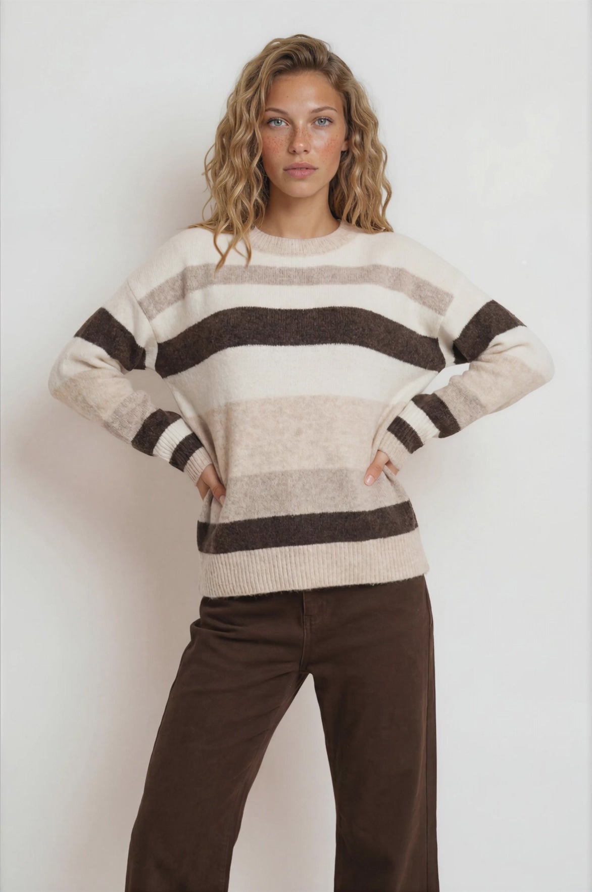 Alfie Jumper - Crew Neck Stripe Knit with Ribbed Hemlines in Beige