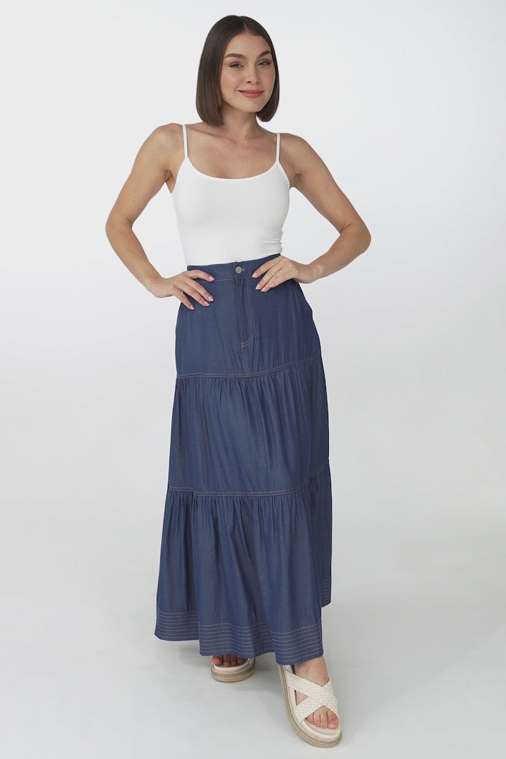 Kelso Maxi Skirt - High Waisted Contrast Stitching A-Line Skirt in Denim Blue