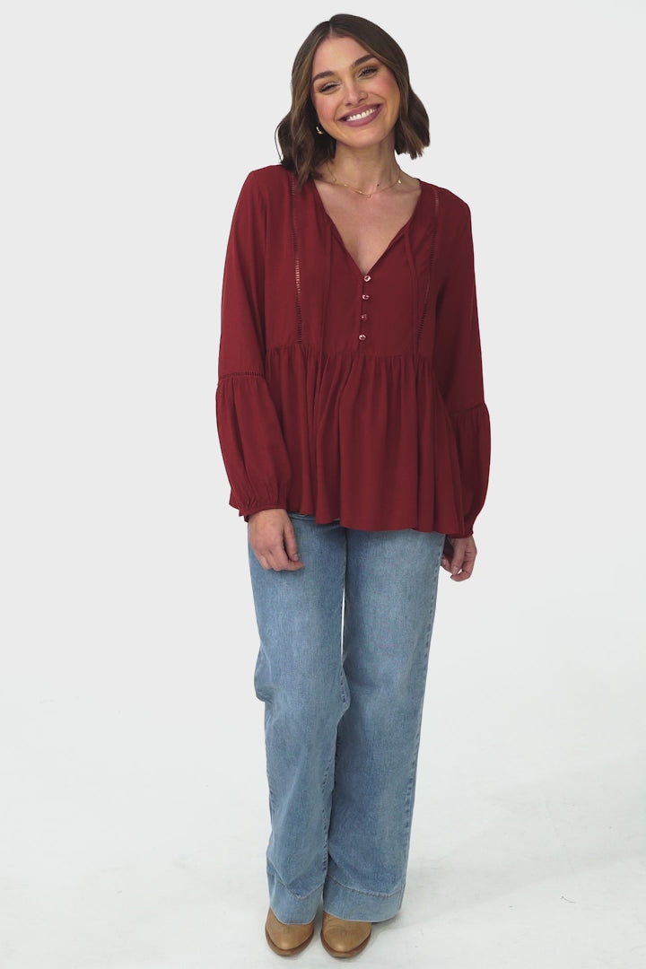 Alexia Top -  V Neck Smock Top with Crochet Insert Details in Rust