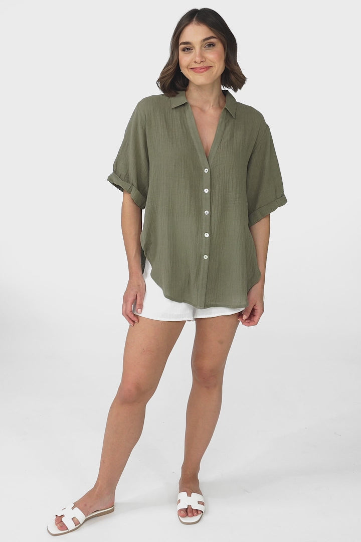 Shelly Shirt - Linen Collared Button Down Shirt in Khaki