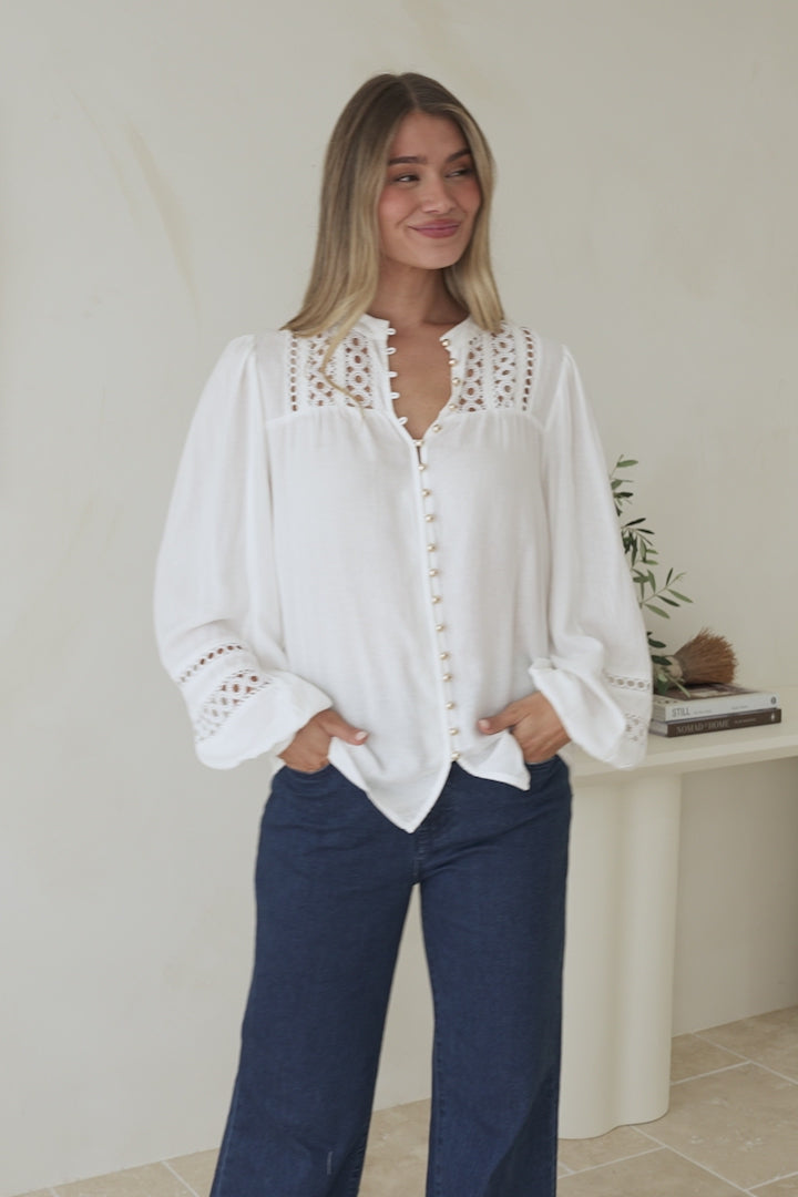 Milano Blouse - Mandarin Collar Button Down with Delicate Lace Cut-Out Detailing in White