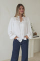 Milano Blouse - Mandarin Collar Button Down with Delicate Lace Cut-Out Detailing in White