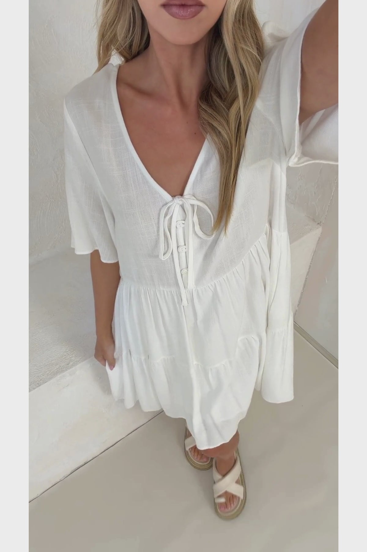 Zadie Mini Dress -  V Neck Front Button Placket Dress with Flutter Sleeves in White