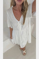 Zadie Mini Dress -  V Neck Front Button Placket Dress with Flutter Sleeves in White