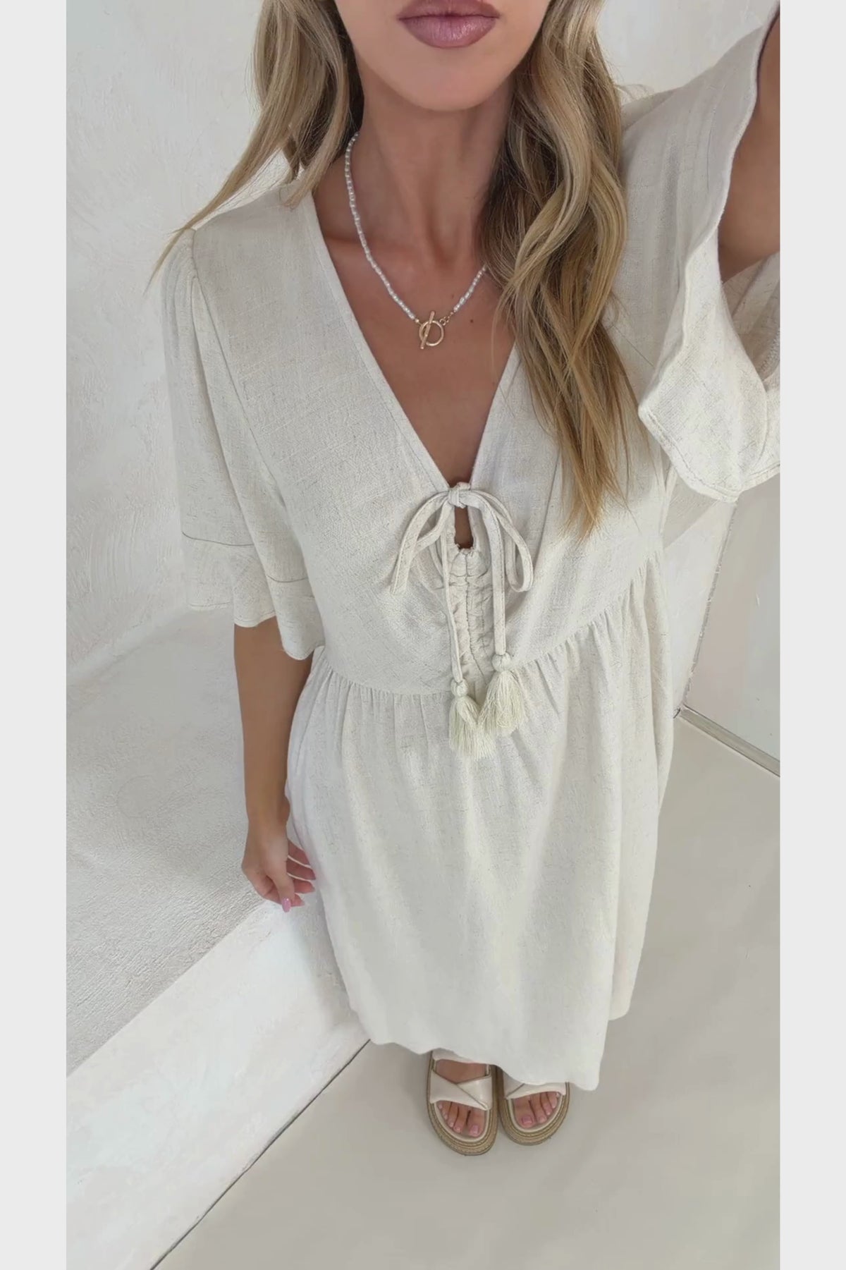 Victoria Midi Dress - V Neck Flutter Sleeve A Line Dress with Pockets in Beige