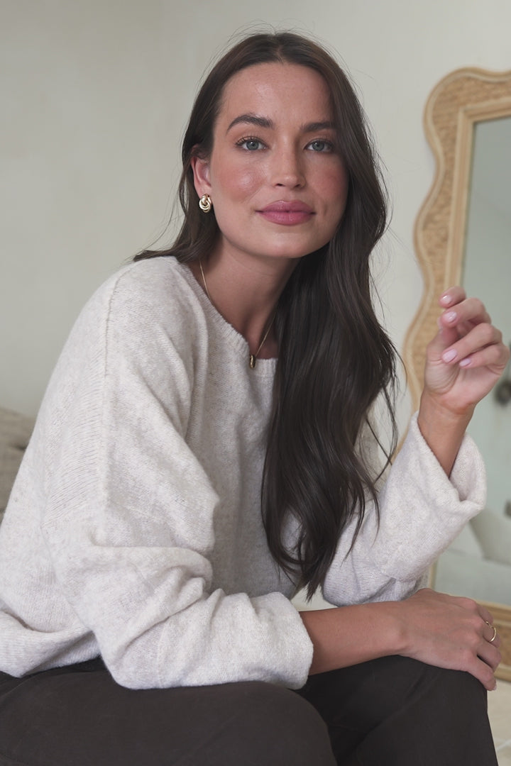 Joanne Knit Top - Crew Neckline Bat Wing Long Sleeve Top in Oatmeal