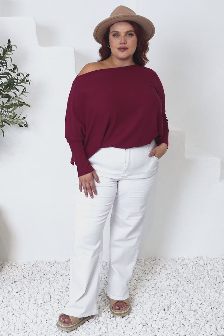 Belinda Knit Top - Boat Neckline Boxy Batwing Top in Burgundy