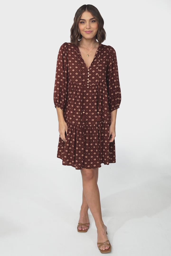 Heloise Mini Dress - Tiered Smock Dress with V Neckline Kendy Print