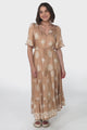 Kama Maxi Dress - Buttoned Bodice Pull Waist A Line Dress in Feba Print Latte