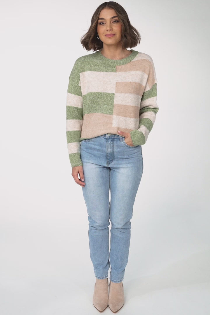 June Jumper - Long Sleeve Colour Block Jumper in Green