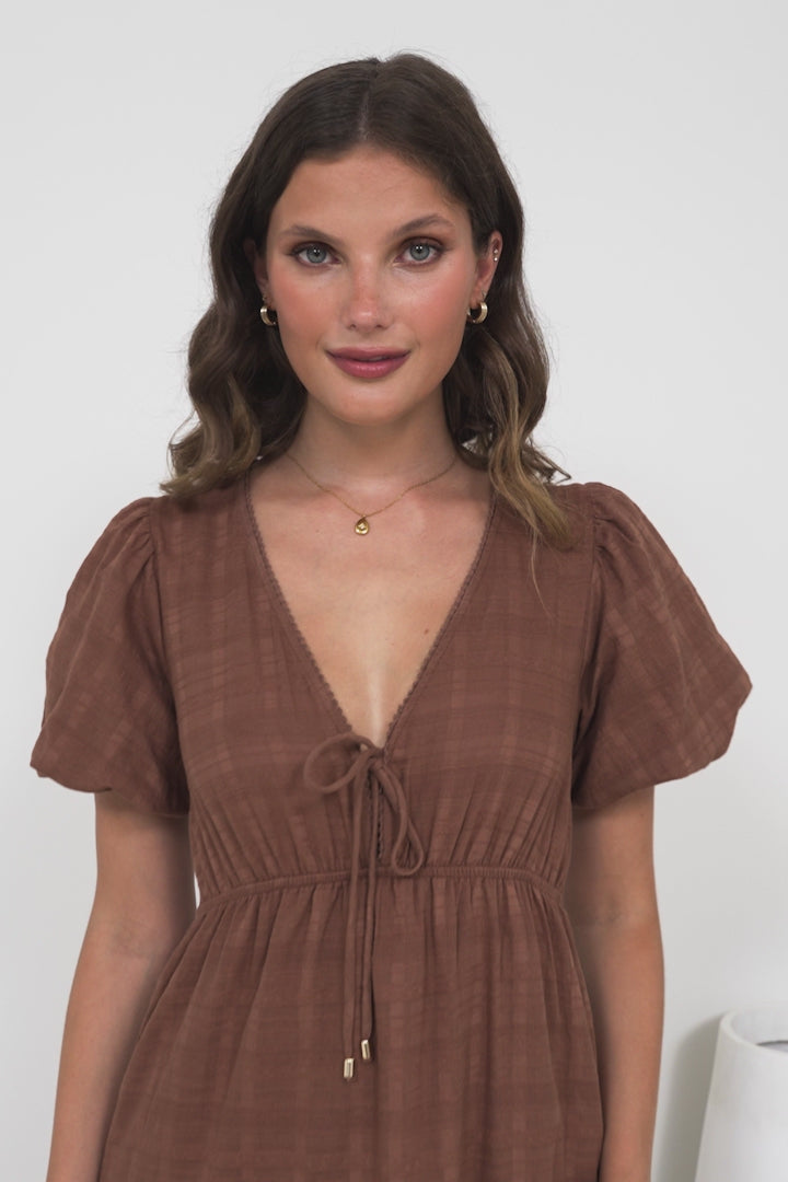 Emirah Maxi Dress - V-Neck Tiered A-Line Dress with Puff Sleeves in Chocolate