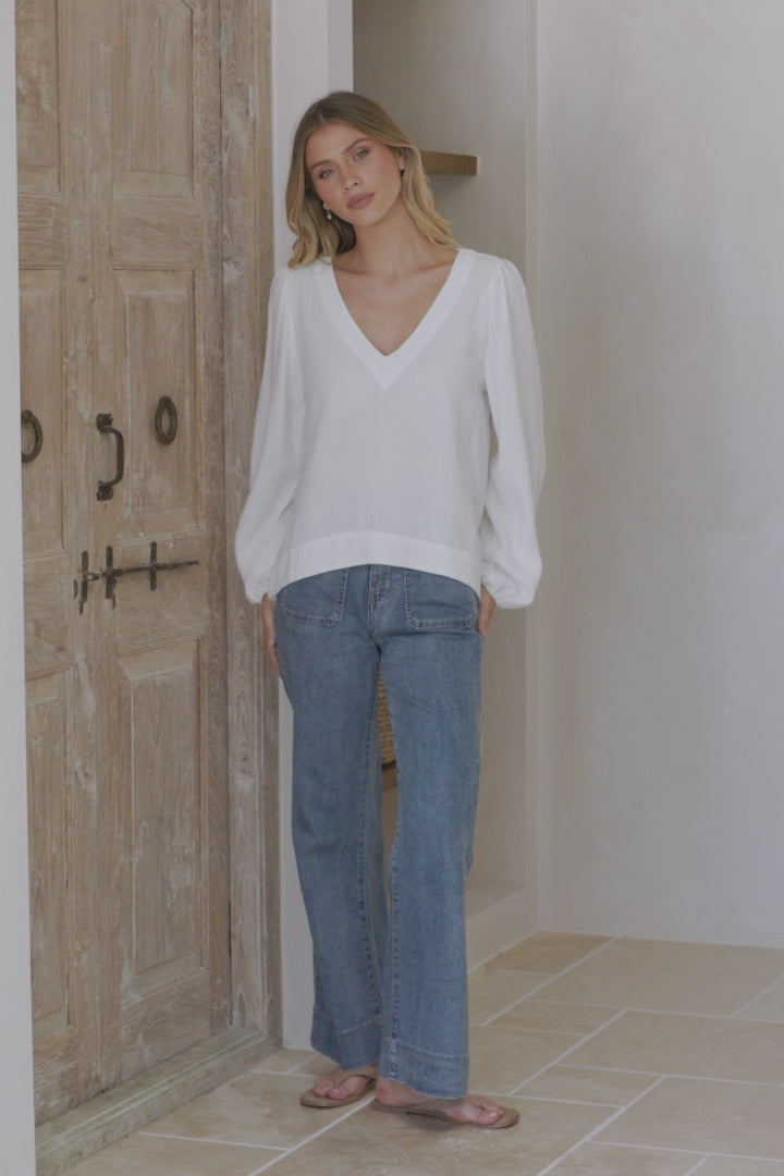 Ritual Top - V-Neck High Low Pull Over with Long Balloon Sleeves in White