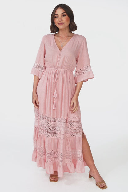 Kaely Maxi Dress - Delicate Lace Panel Detailed A Line Dress in Pink