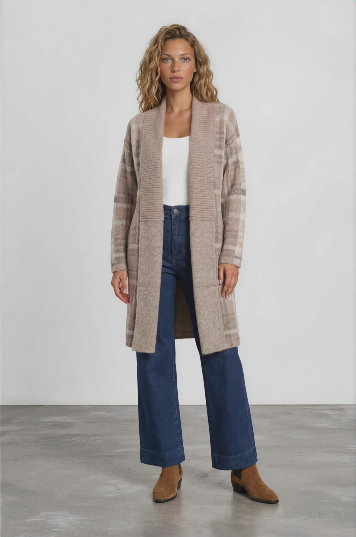 Darlington Cardigan - Ribbed Shawl Collar Checkered Knit with Pockets in Mocha