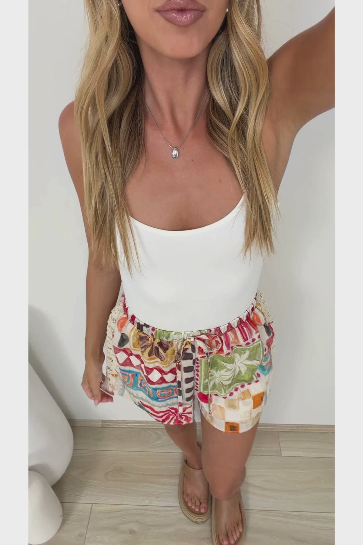 Nyala Shorts - Drawstring Elasticated Shorts with Crochet Trim Sides in Cyprea Print
