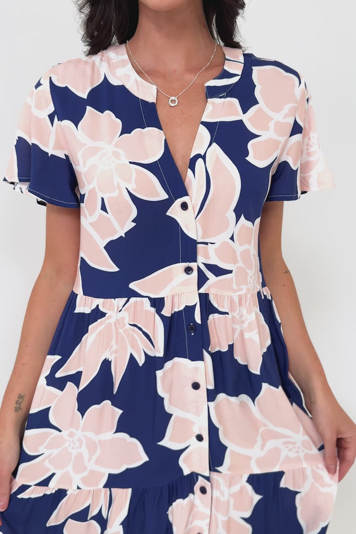 Milla Midi Dress - Tiered Button Down Dress in Jetson Print Navy
