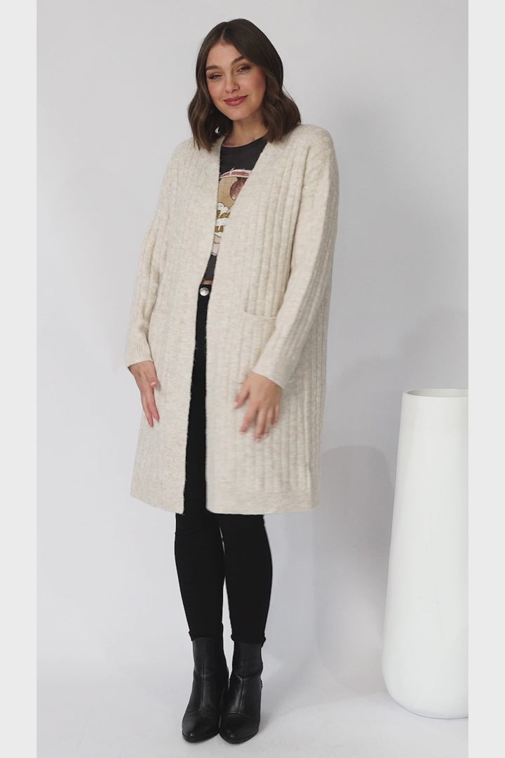 Mireena Cardigan - Ribbed Open Front Cardigan with Pockets in Cream