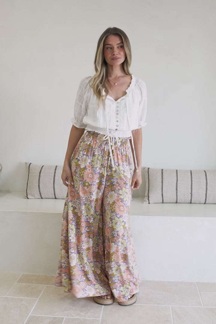 Avianna Pants - Paper Bag High Waisted Wide Leg Pants in Floral Print