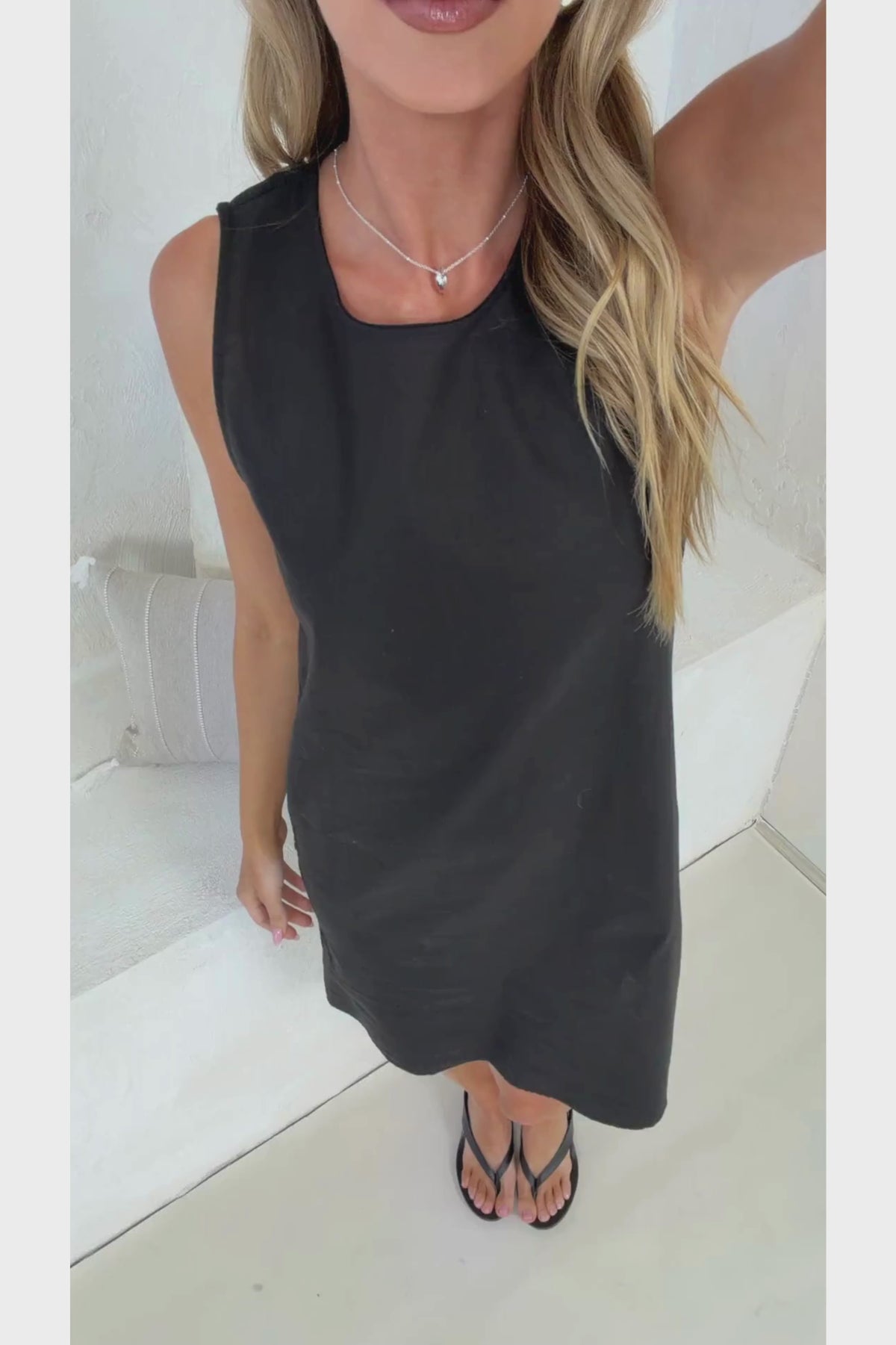 Bonny Mini Dress - Sleeveless Shift Dress with Large Button Detailed Side Seams in Black