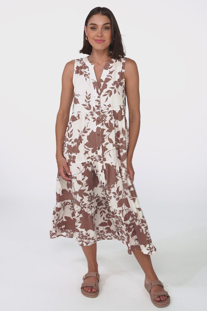 Acelle Midi Dress - Sleeveless Bermuda Collar Button Down Dress in Kacia Print Brown