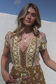 JAASE - Carmen Maxi Dress: Butterfly Cap Sleeve Button Down A Line Dress with Lace Trim in Emre Print