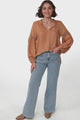 Silas Top - Cotton Blend Pleating and Crochet Detailed Long Sleeve Blouse in Tan