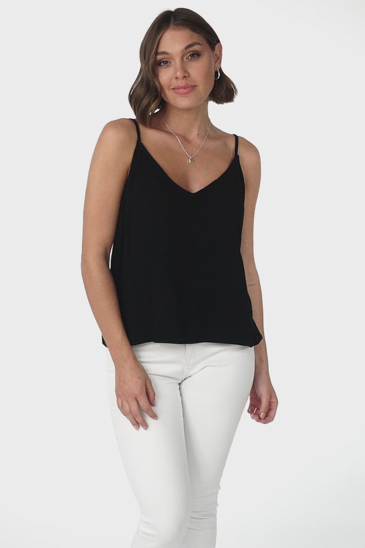 Emah Cami - Relaxed V Neck Adjustable Strap Top in Black