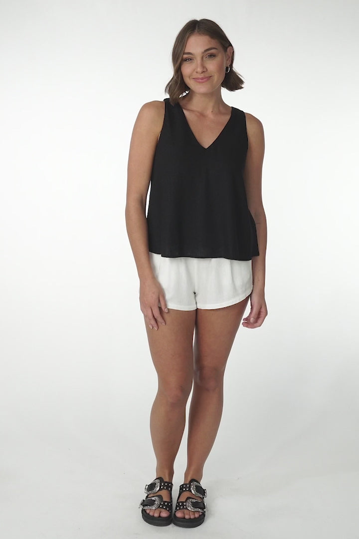 Joree Top - Linen Blend Soft V Neck Scoop Hem Top in Black