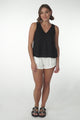 Joree Top - Linen Blend Soft V Neck Scoop Hem Top in Black
