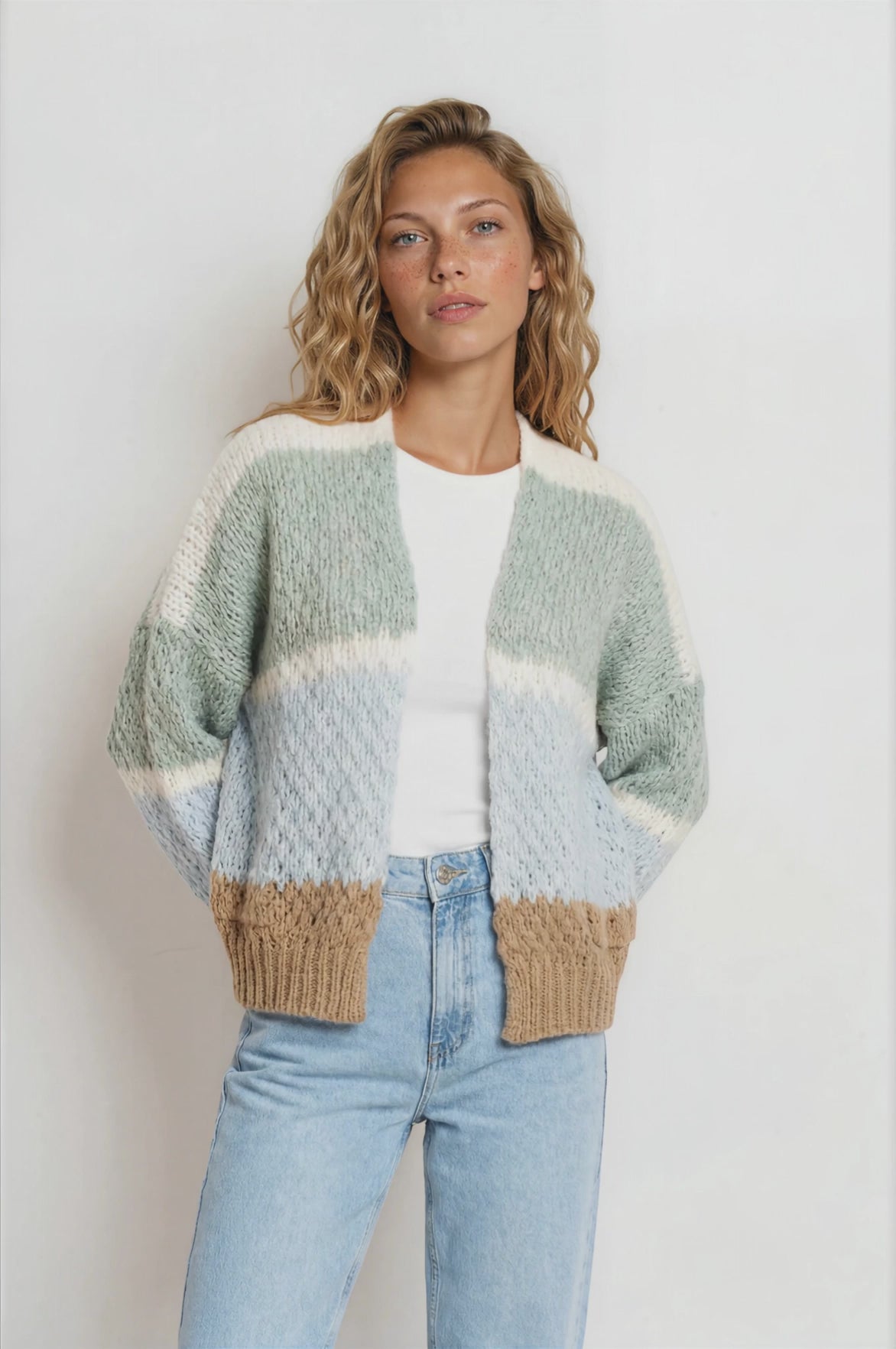 Lane Cardigan - Cropped Open Lattice Knit with Pockets and Balloon Sleeves in White/Green